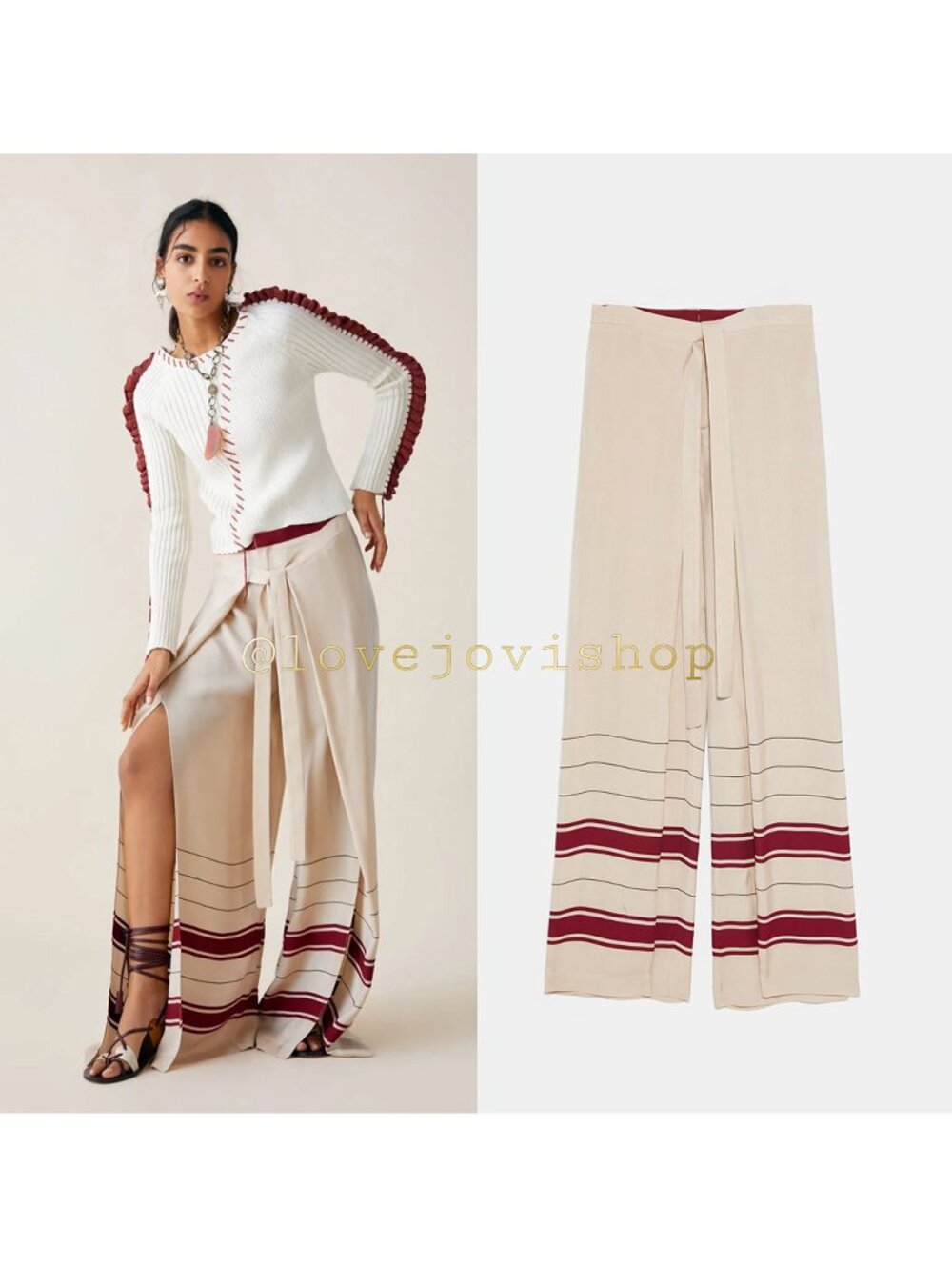 Bohemian | ZARA x Pareo Studio Limited Edition | Beige Deep Red Wrap Palazzo NWT